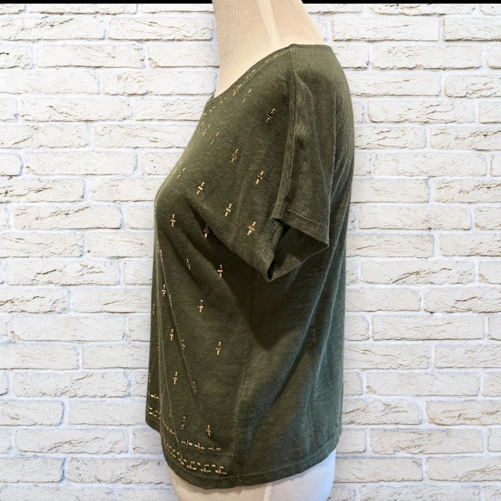 WHBM Olive Green Short Sleeve Linen Top with Gold bead Accents Size Small - Picture 2 of 6